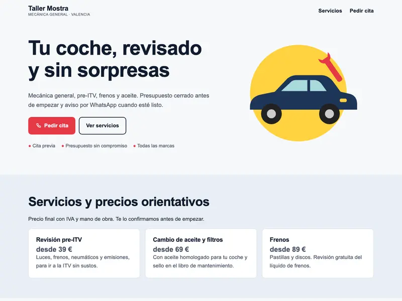 Diseño de muestra de la web de un taller mecánico